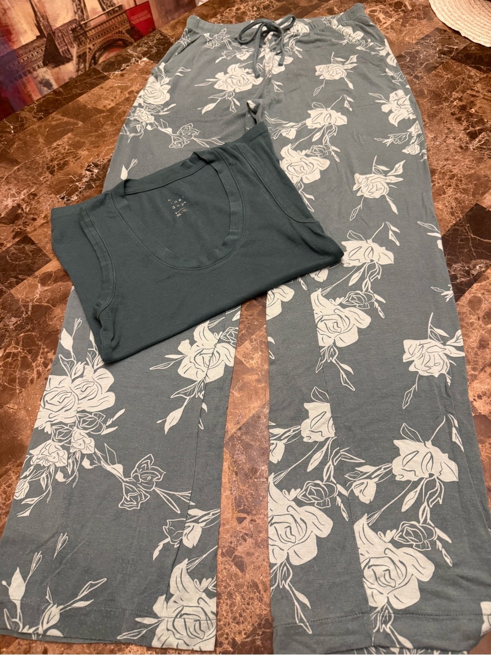 Auden Slate Floral Tank & Pant Pajama Set - Slate Blue and White